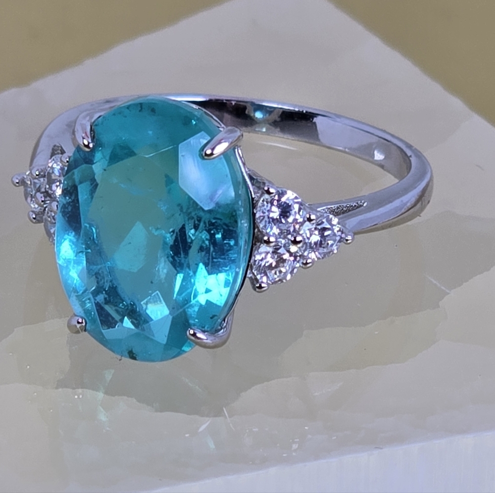 925 Sterling Silver Ring  with Natural Paraiba Doublet Quartz Gem & Cz